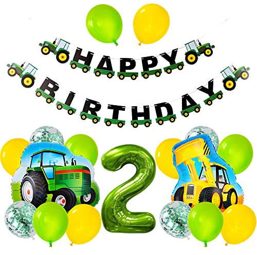 2 Geburtstagsdeko Jungen 2. Geburtstag Dekoration, 2 Jahre Kindergeburtstag Junge Traktor Happy Birthday Geburtstag Girlande Banner Traktor Auto Bagger Folienballons Konfetti Luftballons Deko