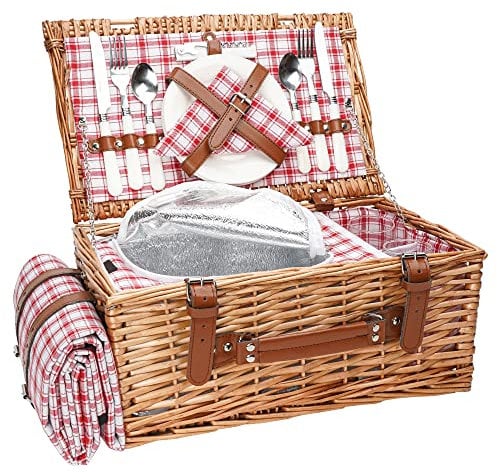 Weiden-Picknickkorb-Set für 2 Personen mit wasserdichter Picknickdecke und großem isoliertem Kühlfach, Weiden-Picknickkorb mit Besteck-Service-Kits für Camping, Hochzeit (Rot)
