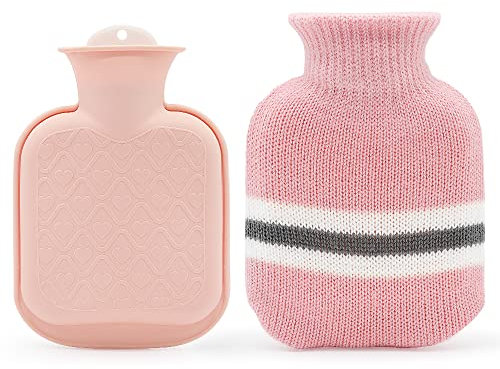 Hot Water Bottle with Knitted Cover, 300ml Small Hot Water Bag for Pain Relief, Back, Neck and Shoulders, Mini Hot Water Bottle with Removable and Washable Soft Cover, Best Gift for Women, Kids
