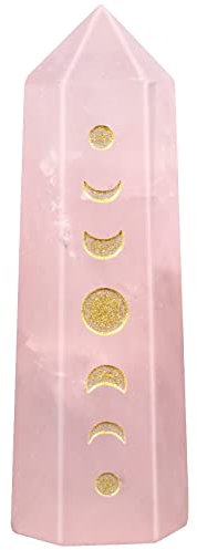 Nupuyai Healing Rose Quartz Crystal Point Stone for Chakra Meditation Reiki Therapy Crystal Wand Decor for Home Office with Hand-Carved Moon Phase