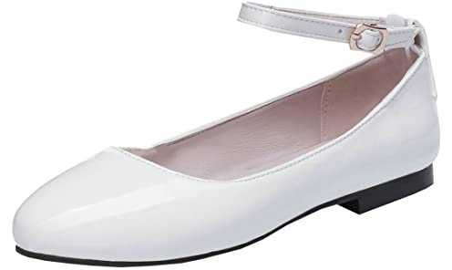 MISSUIT Damen Lack Pumps Riemchen Flach Ballerina Mary Jane Sommer Schuhe(Weiß,44)