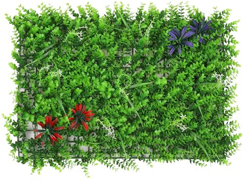 Trimming Shop Artificial Hedge Panels, Green Grass with Leaf & Flower, 1pc | Green Grass Backdrop Wall Fake 60cm x 40cm Hedge for Fence Backyard Wedding Party Indoor Outdoor Garden Home Decor