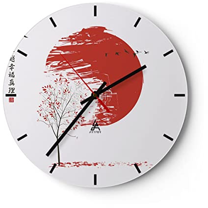 Modern Wanduhr Japan Blume Kirschen 40x40cm Rund Groß Wand Uhr Glas Analog Zimmeruhren Küche Büro Wohnzimmer Glasuhr Wall Clock Dekoration Design Wanddekoration Küchenuhr C3AR40x40-5063