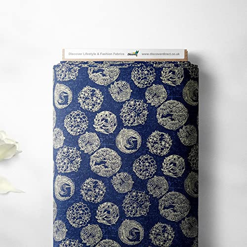 100 % Baumwolle Stoffe Meterware, Isumi, japanische Medaillons-Design, orientalische Metallfolie, Qualität, Nähen, Polstermöbel, Einrichtungsstoff, 147 cm breit (pro Fat Quarter, Marineblau)