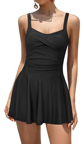 SHEKINI Women One Piece Swim Dress Twist Front Ruched Tummy Control | Skirted Swimsuit, Padded Swimdress, Retro Bathing Suit with Shorts, Non-removable Fixed Padding, Adjustable Straps
