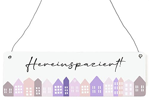 Interluxe Schild Holzschild - Hereinspaziert Häuschen - Dekoschild Mitbringsel Familie Besuch Gäste Türschild für Türkranz Häuschen Häuserreihe
