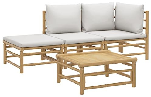 vidaXL Salon de Jardin avec Coussins 4 pcs, Ensemble de Canapés avec Repose-Pied, Ensemble de Meubles avec Dossier, Mobilier de Patio Terrasse, Gris Clair Bambou