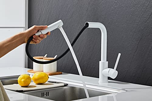 AIYA Bath Küchenarmatur aus Edelstahl m. herausziehbare Spülbrause | Weiß | Eckiger Auslauf | Zeitloses und modernes Design aus Dänemark | Einhandmischer | Küchenarmatur