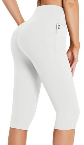baleaf Knielange Kurze Leggings Damen Yogahose kurz high Waist Yoga Radlerleggings Sport Sommer mit Taschen Weiß M