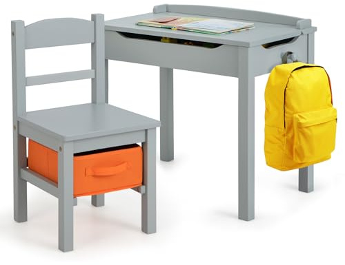 HONEY JOY Kids Table and Chair Set, Wooden Lift-Top Desk & Chair with Storage, Safe Hinged Lid, Activity Table Set for Craft Art, 2-Piece Children Furniture Set for Daycare, Kindergarten (Gray)