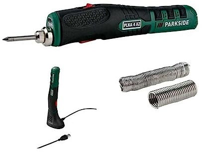 Parkside Akku-Lötkolben PLKA 4 mit gummierter Griffzone, LED-Arbeitsleuchte - 4 Volt / 1,5 Ah Li-Ionen-Akku, 470 °C Max. Temperatur, 25-35 Sekunden Aufheizzeit, Tragbar, Kabelloses Lötgerät