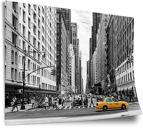 Printistico Poster Gelbes Taxi in New York, USA, Schwarz Weiß, black and white, Fotografie, Kunstdruck ohne Rahmen, Wandbild - A4, A3, A2, A1, A0, XXL - Wohnzimmer, Schlafzimmer, Küche, Deko