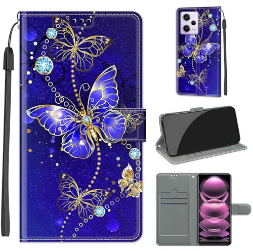 KENHONER Handyhülle für Xiaomi Redmi Note 12 Pro 5G, Schmetterling | Premium Leder Flip, Klappbar, Stoßfest, Magnetisch, Standfunktion, Kartenfächer, Wallet Handyhülle