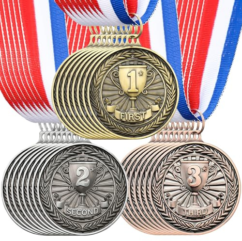 RoundFunny 30 Pcs Award Medals 1st 2nd 3rd Place Medals Metal Winner Trophy Awards Gold Silver Bronze Prizes for Sports Competitions Party, 2 Inches (Classic Color)
