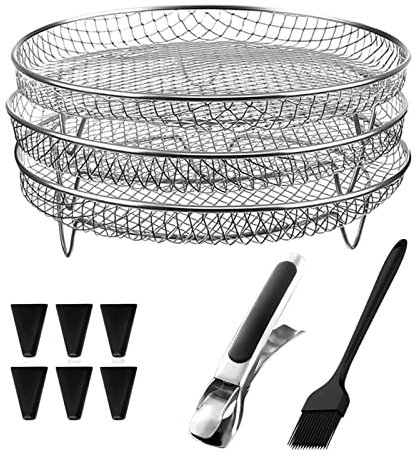 Rejillas para Freidora De Aire para Ninja, Rejilla Deshidratadora De Metal Apilable De TR-es Capas, Bandeja para Cesta De Freidora De Aire Redonda De Acero Inoxidable De 7,8 Pulgadas Accesorios