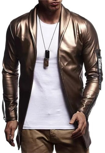 Übergangsjacke Herren Slim Fit Revers Reißverschlussleiste Langarm Jacke Retro Einfarbig Kunstlederjacke Herren Outdoor Radfahren Wasserdicht Jacke Herren C-Gold M