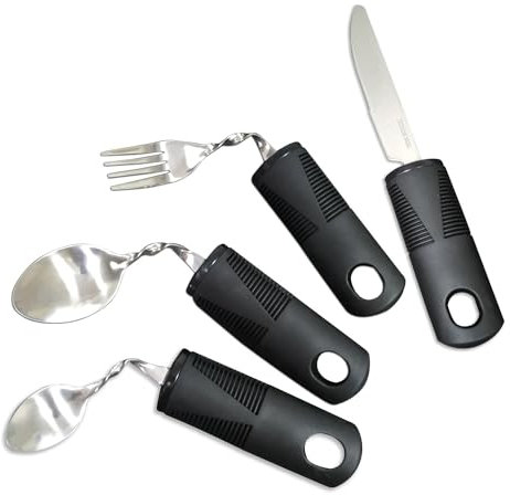 Juego de 4 cubiertos para Parkinson, personas mayores y discapacitadas, juego de herramientas con cuchillo cuchara tenedor para zurdos, cuchara curvada, mango engrosado, para niños, artrosis,