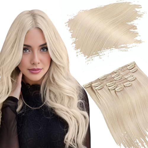 Ugeat Clip in Extensions Echthaar 50 cm Blond Unsichtbar Haarverlängerung Echthaar Clip in Extensions Platinblond Double Weft 120g 7 Stück #60A