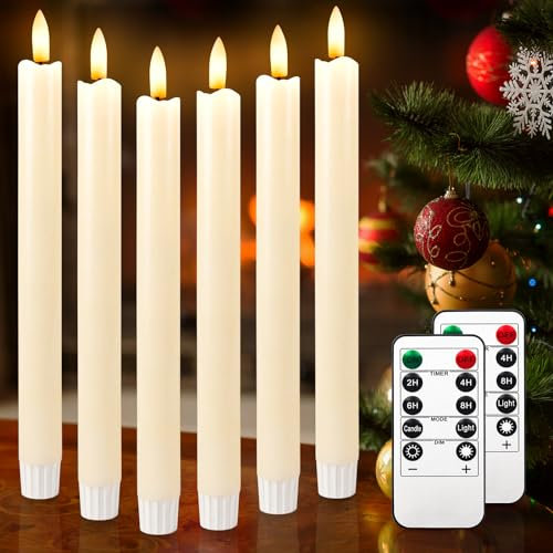 idyl light Lot de 6 bougies LED sans flamme avec minuterie à distance 3D vacillante à piles en cire véritable pour décoration de Noël, maison, mariage (2 x 25 cm) (blanc vin)