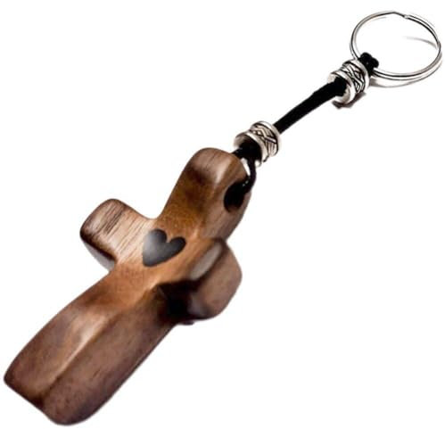 Muteitt Porte-clés en Croix, Croix Cœur De Terre Sainte, Porte-clés en Forme De Cœur en Bois De Jésus, Porte-clés en Croix, Cadeaux De Jésus