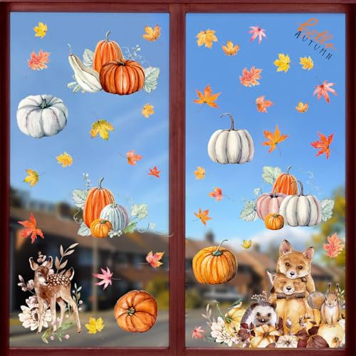 JUNEBRUSHS Herbst Fenster Aufkleber Klammern, 9 Blätter Herbst Fensterbilder Herbst Dekoration Fenster Thanksgiving Ernte Fensterbilder für Haus Party Fenster Herbst Deko