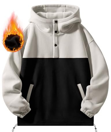 Nadeer Felpa Uomo Felpe con Cappuccio in Pile Hoodie Invernale Sweatshirt con Tasche Colorblock Caldo Cappotto Pullover Tops con Bottoni Autunno Inverno(Nero Bianco,L)
