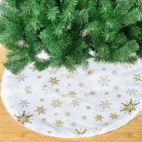 70cm Gonna per Albero di Natale, Gonna per Albero di Peluche Oro Bianco Fiocchi di Neve, Coperta per Albero di Natale Coperta Albero di Natale Decorazione Natalizia, Coperta Rotonda Albero di Natale