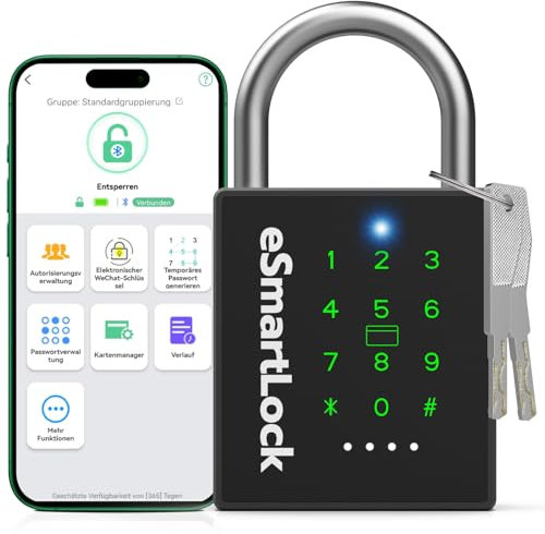 Eseesmart Smart Zahlenschloss Vorhängeschloss, Bluetooth Schloss mit Zahlencode RFID, Wetterfestes Groß Vorhängeschloss mit Schlüssel IP68 Outdoor Elektrisch Smart Lock für Tür Garten Keller Spind