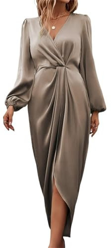 Long Sleeve Satin Maxi V-Neck Dresses for Women, Cross-Neck Pleated Slit Puff Sleeve Irregular Dress (Khaki,L)