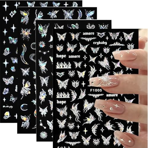 Bkemkri 4 Pieces Adesivi per Unghie con farfalla in Rilievo, 3D Unghie Nail Art Stickers Unghie Autoadesivi, Fogli Stickers Adatto per Unghie Fai da Te Decorazione Arte Unghie per Donne Nail Art