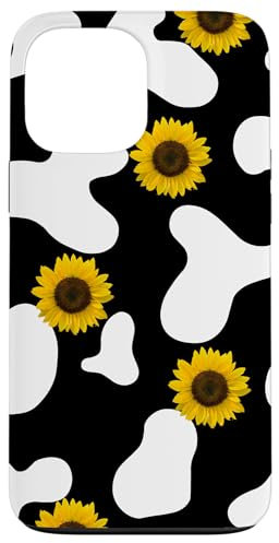iPhone 13 Pro Max Cow Print and Sunflowers Phone Case,White & Black Cow Phone Case