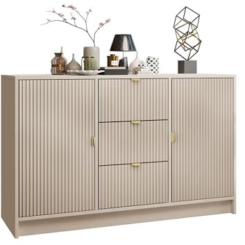Mirjan24 Kommode Tireno 2D3SZ mit 3 Schubladen und 2 Türen, geriffelte Fronten, B:118 x H:75 x T:40 cm, Highboard, Anrichte, Sideboard, Mehrzweckschrank, Wohnzimmerschrank (Sandbeige)