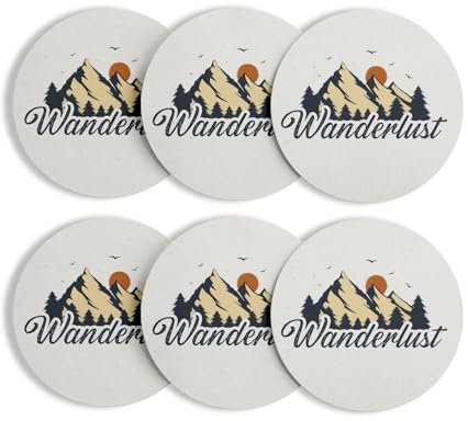 Untersetzer aus rundem Korkboden – Wanderlust Voyage Nature Mountain Foret – 6 Stück (95 x 95 mm)