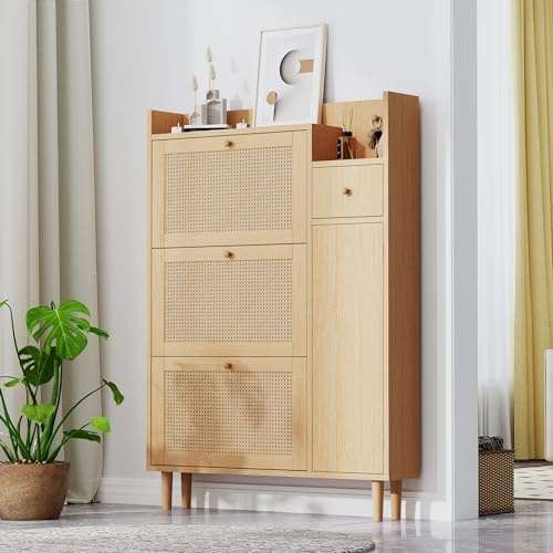 Zepneiy - Mueble para zapatos de madera de ratán (90 x 17 x 125 cm, con 3 puertas abatibles y 1 cajón, con patas y asas de madera maciza, color natural