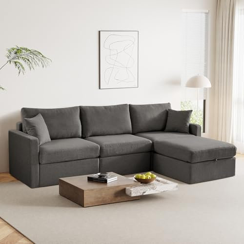 WEUP 113 Modular Sectional Sofa with Movable Storage Ottoman, Modern 4-Seater Oversized Convertible L Shaped Sectional Couches for Living Room Home, Sofa Set with 2 Pillows (Chenille, Dark Grey)