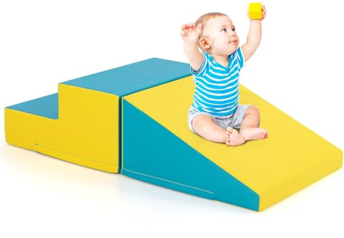 GOPLUS Parcours Motricité Bébé en Mousse avec Escalier et Toboggan pour Enfant 6 Mois-3 Ans, Modules Motricité Idéals pour Escalade, Glissade et Activités Physiques (Jaune+Vert)