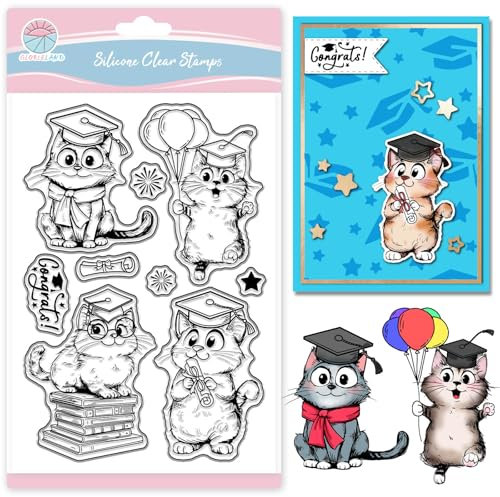 GLOBLELAND Abschlussfeier Transparente Silikonstempel Cartoon Katze Klare Stamps Tier Silikonstempel Für Kartengestaltung DIY Prägung Journaling