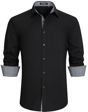 HISDERN Men's Black Long Sleeve Shirts Regular Fit Business Button Formal Dress Shirt 4XL