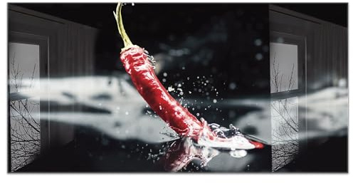 timalo Küchenbild aus Acrylglas modernes Wandbild Glasbild Deko Küche XXL Bild wie Glas | 120x60cm Chili Splash, rote Peperoni, Chillischote, Gewürze, exotische Küche, Food Art