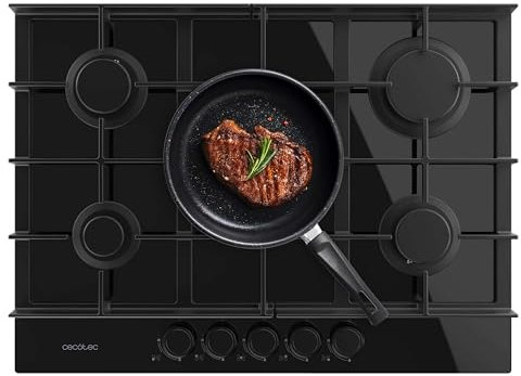 Cecotec Placa de Gas de 5 Fuegos Bolero Squad G 5400F Glass Black, 10,4kW, Glass Black, Parrillas Hierro Fundido, Quemador WOK Triple, Encendido Electrónico, Seguridad Válvulas, accesorio conversión