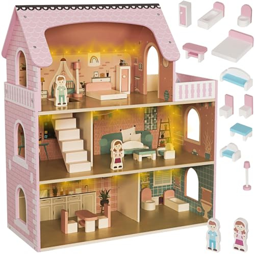 Puppenhaus aus Holz XXL 70 cm mit LED-Beleuchtung & Möbeln – 3 Etagen / 5 Zimmer + Balkon – Komplett-Set, sicher & robust – für Kinder ab 3 Jahren – KRUZZEL (27×62×70 cm)