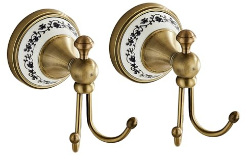 2er-Set Handtuchhaken mit Porzellan-Platte, Antikes Messing Vintage Design für Badezimmer & Flur, Wandhaken mit stabiler Montage