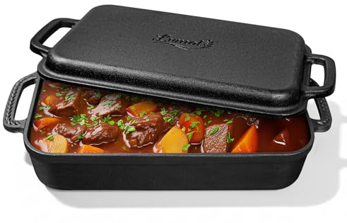 Lvmol 9x13 Casserole Dishes for Oven with Lids - 2-In-1 Pre-Seasoned Cast Iron Baking Dish for Lasagna, Sourdough Bread