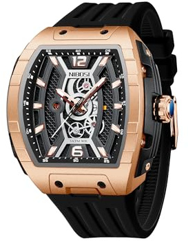 NIBOSI Herren Armbanduhr Quadratische Uhren für Herren Wasserdicht leuchtendes Digital Analog Quarz Armbanduhr Sport Freizeit Silikonarmband(Rose Schwarz)