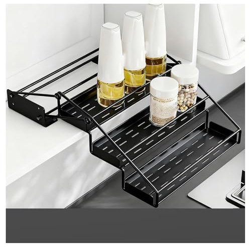 3-stufiges, Ausziehbares Regalsystem Aus Kohlenstoffstahl Mit Schutzgeländer, Platzsparend For Küchenoberschränke(Black,25x9.5x17.5cm)