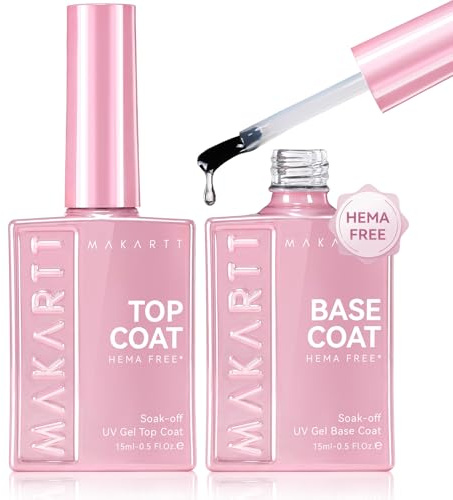 Makartt Hema-Free Base & Top Coat Set 2x15ml No Wipe High Gloss | No Sticky, Long-Lasting, Soak-Off, Chip-Free, Non-Yellowing, Self-Levelling, Low Odour, UV/LED Cured 30-60s