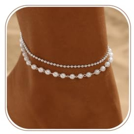 ASCOMY Anklets for Women 14K Silver Plated Ankle Bracelet for Women Silver Anklet Cute Pearl Chain Beads Link Anklets Minimalist Summer Beach Foot Ankle Bracelet Jewelry for Her