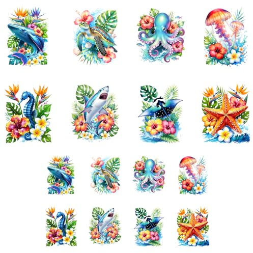 ANATTASOUL 16Pcs Meerestiere Bügelbilder Für Textilien für Kleidung | 6.5 x 8 CM/18 x 22 CM Schnell & Einfach Bügelbild DIY Sticker zum Aufbügeln Bügelbilder Erwachsene für Hosen, Hüte, Taschen