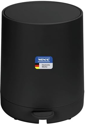 WENKO Kosmetik Treteimer Mod. Fablo aus Kunststoff, Soft-Touch-Beschichtung, Bad-Mülleimer 5 L, Abfalleimer mit Easy-Close Absenkautomatik und Einsatzbehälter, für Bad, Küche oder Büro, schwarz matt