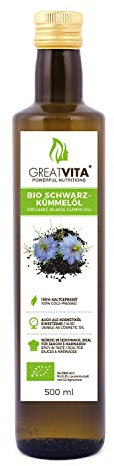 GreatVita Schwarzkümmelöl Bio 500 ml | 100% rein, vegan, kaltgepresst - Ideal für Küche & Pflege - Aufdruck kann varrieren